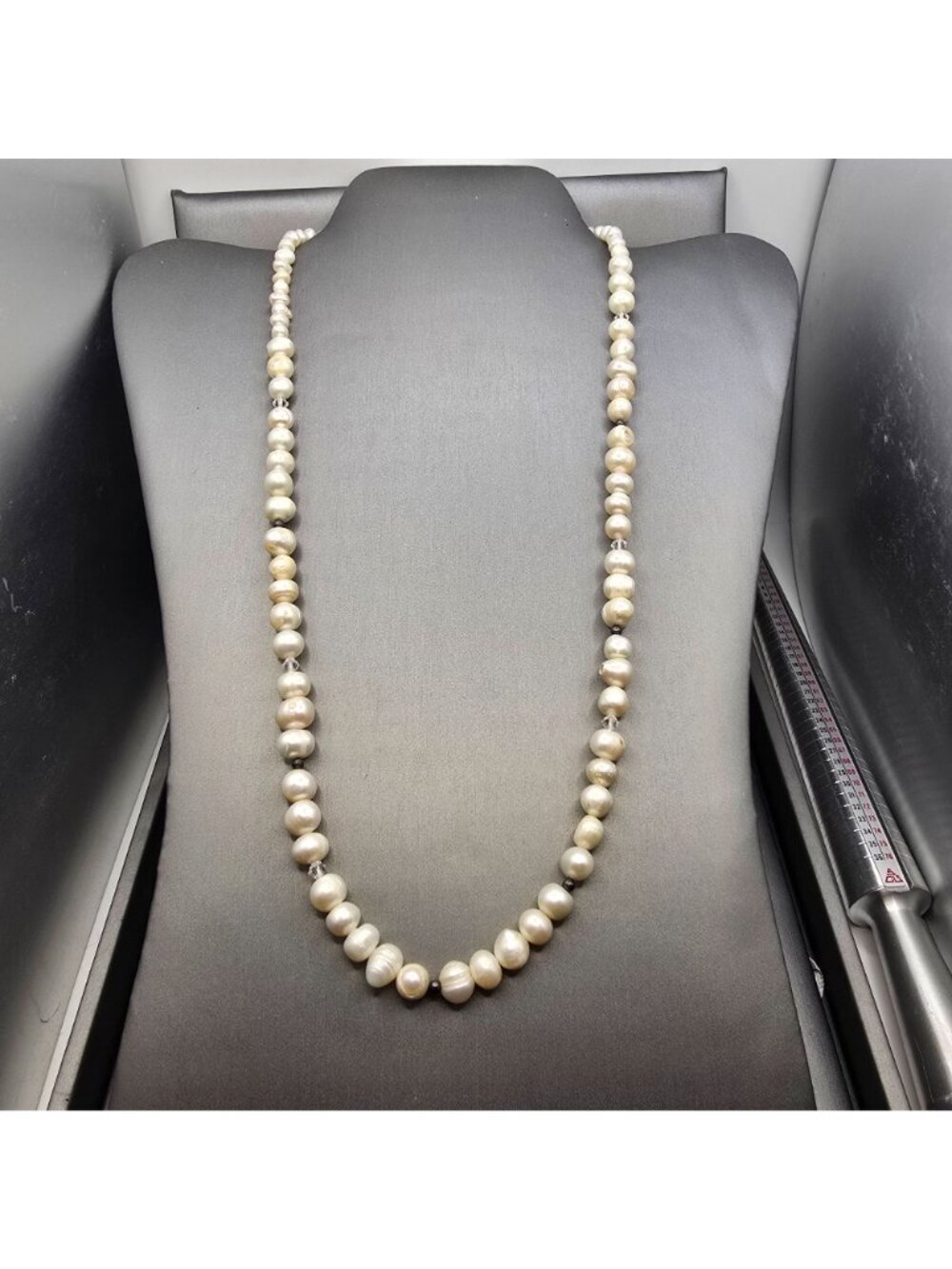 VTG White Graduated Baroque Pearl Necklace 22" Sterling Toggle Crystal Accents - Picture 2 of 13